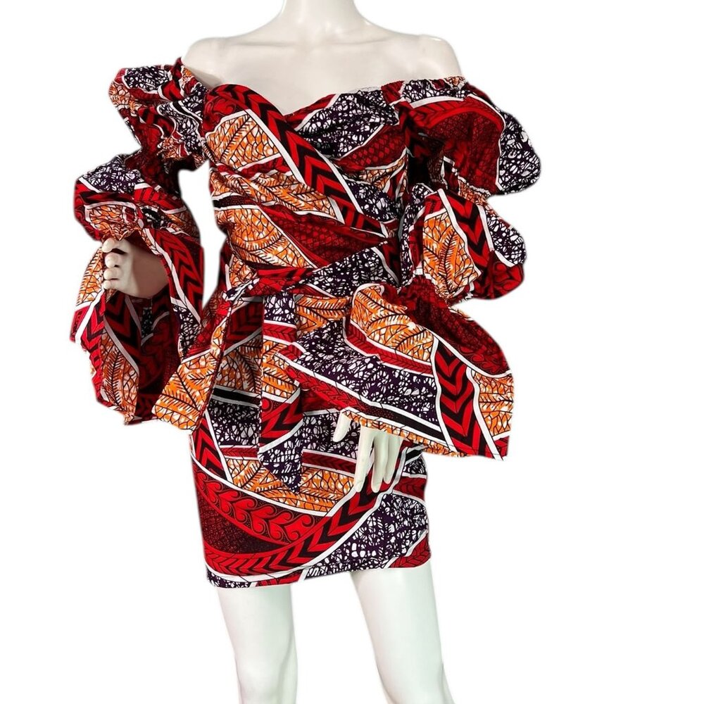 NWT OFUURE Folabi African Print Off-shoulder Puffy Sleeve Mini Dress $90 Size XS